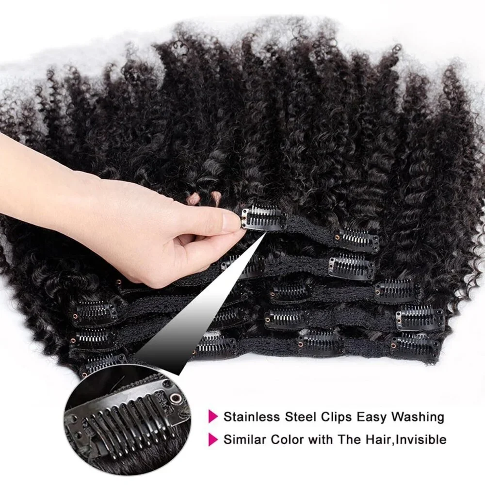 Kinky Curly Clip In Extensions Human Hair 14 Inch Natural Black 7Pcs